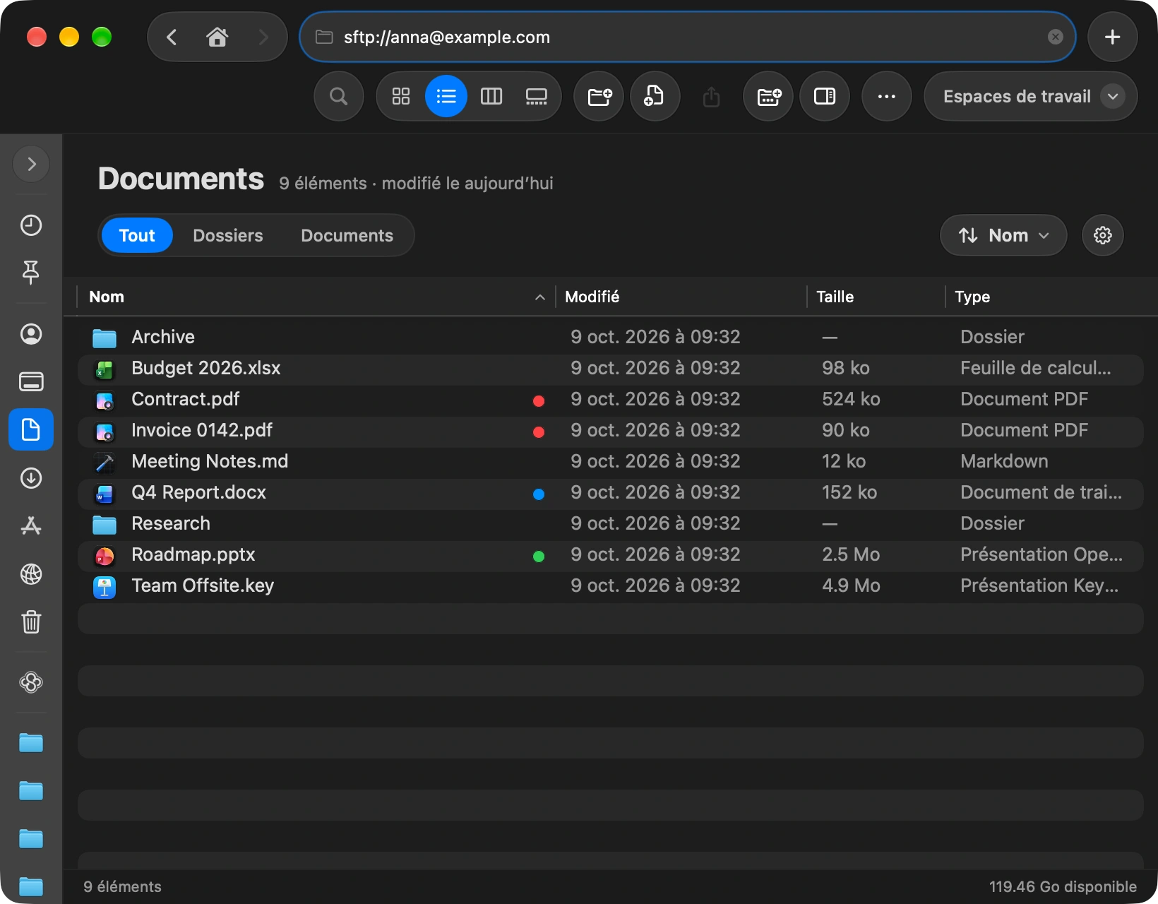 Type the address: Press the shortcut to focus the address bar at the top of the window, type the server, like sftp://user@example.com, and press Return. You can also add the server from Settings: choose Servers and click Add Server.