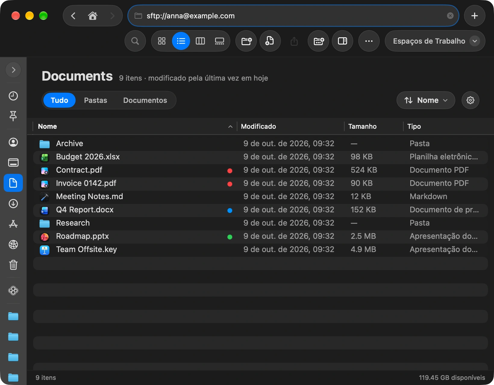 Type the address: Press the shortcut to focus the address bar at the top of the window, type the server, like sftp://user@example.com, and press Return. You can also add the server from Settings: choose Servers and click Add Server.