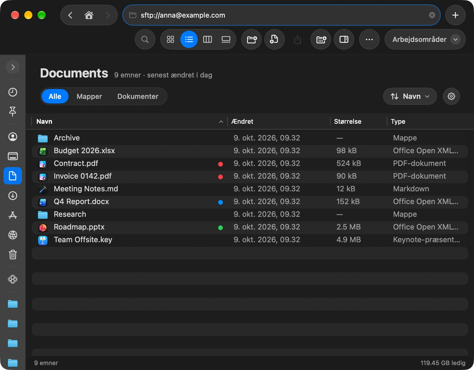 Type the address: Press the shortcut to focus the address bar at the top of the window, type the server, like sftp://user@example.com, and press Return. You can also add the server from Settings: choose Servers and click Add Server.