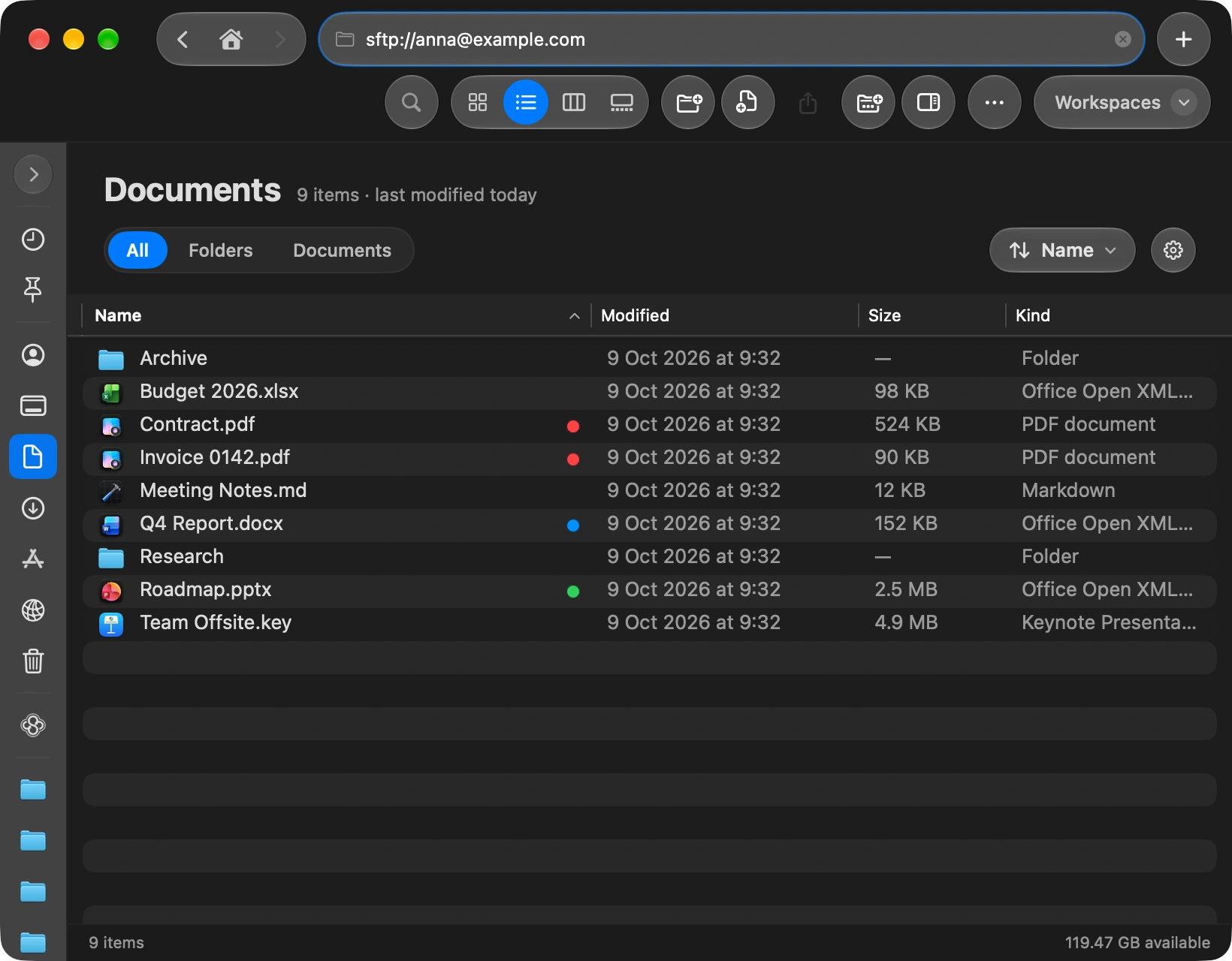 Type the address: Press the shortcut to focus the address bar at the top of the window, type the server, like sftp://user@example.com, and press Return. You can also add the server from Settings: choose Servers and click Add Server.