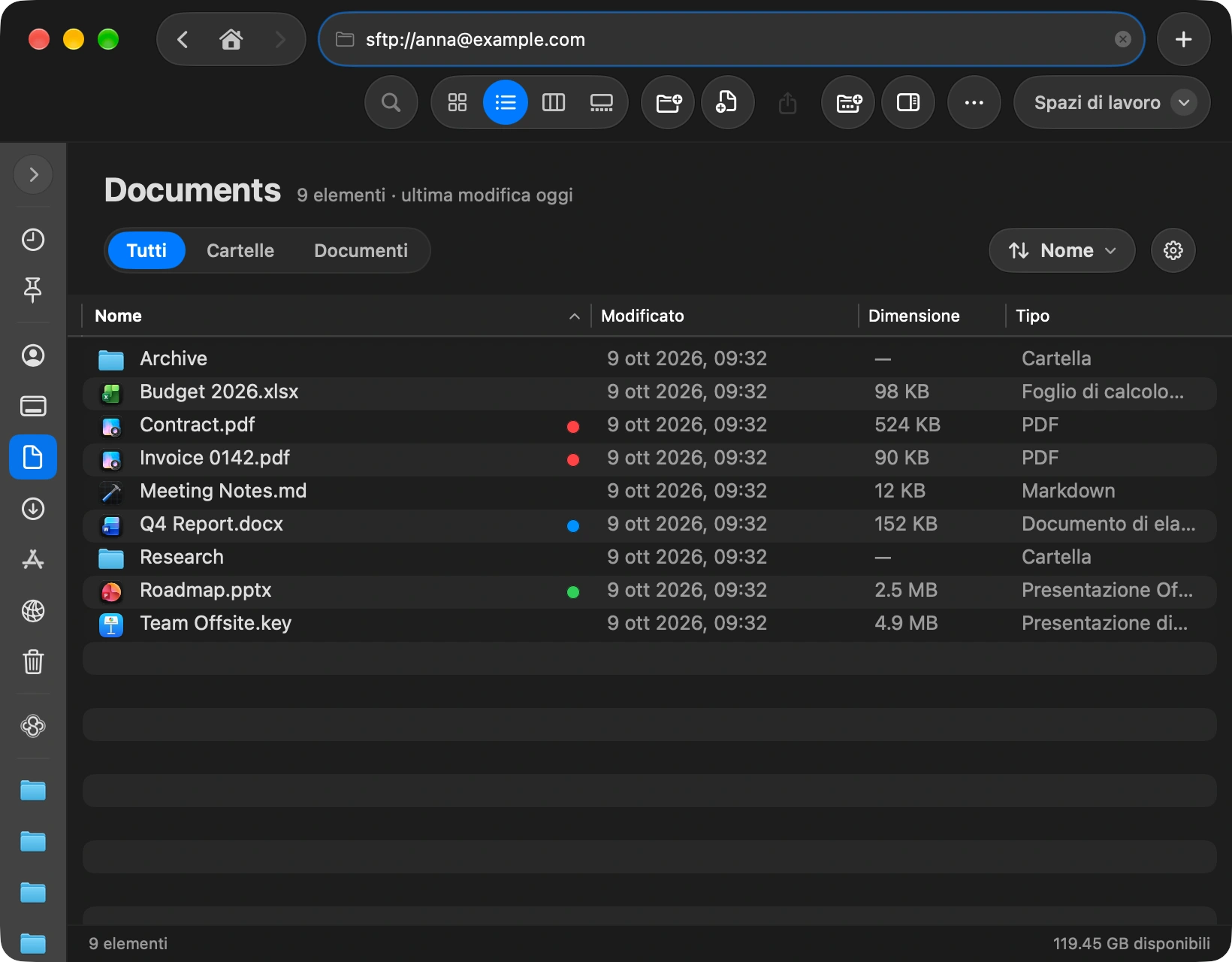 Type the address: Press the shortcut to focus the address bar at the top of the window, type the server, like sftp://user@example.com, and press Return. You can also add the server from Settings: choose Servers and click Add Server.