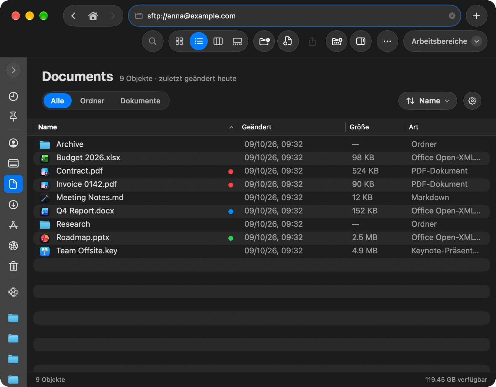 Type the address: Press the shortcut to focus the address bar at the top of the window, type the server, like sftp://user@example.com, and press Return. You can also add the server from Settings: choose Servers and click Add Server.