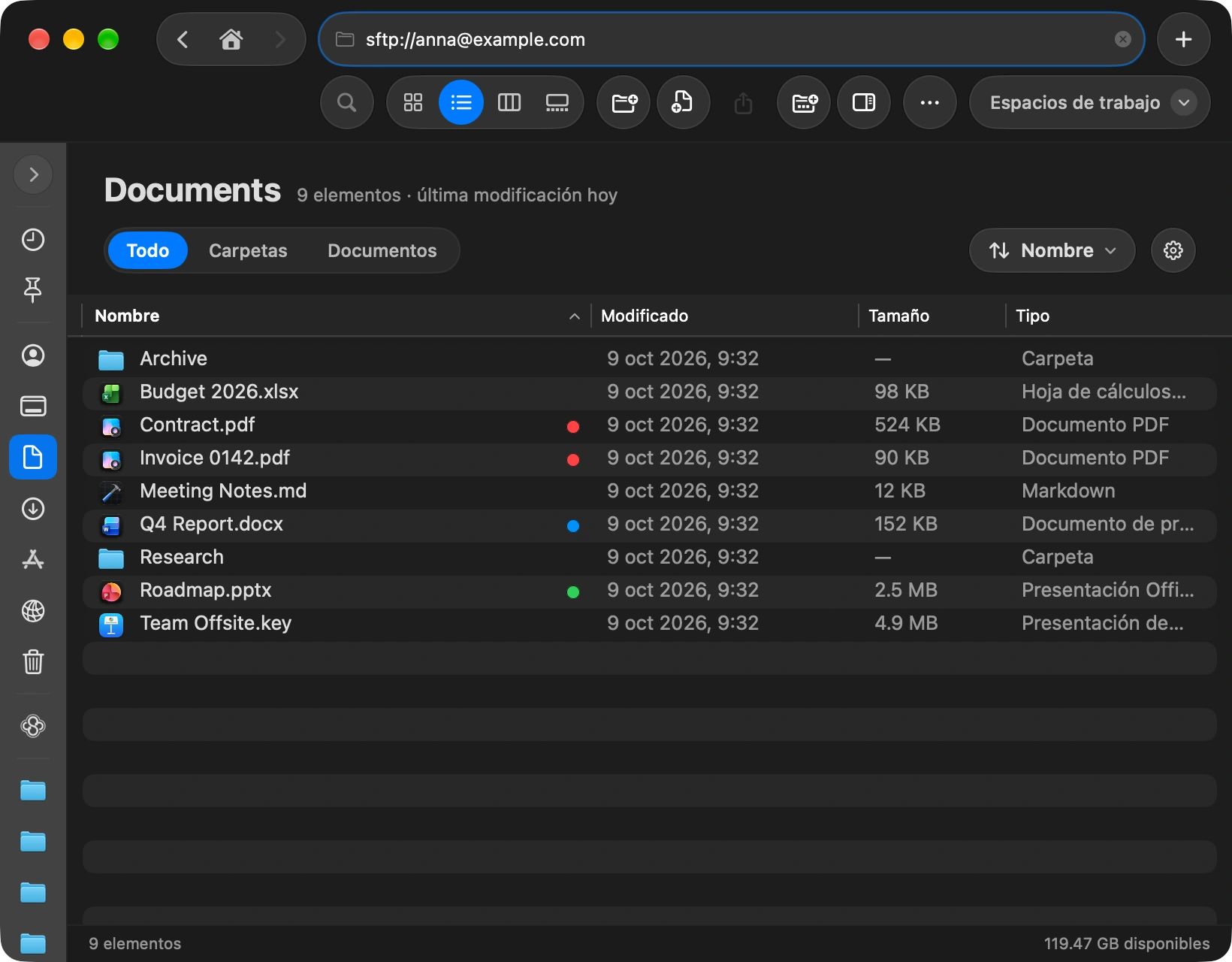 Type the address: Press the shortcut to focus the address bar at the top of the window, type the server, like sftp://user@example.com, and press Return. You can also add the server from Settings: choose Servers and click Add Server.