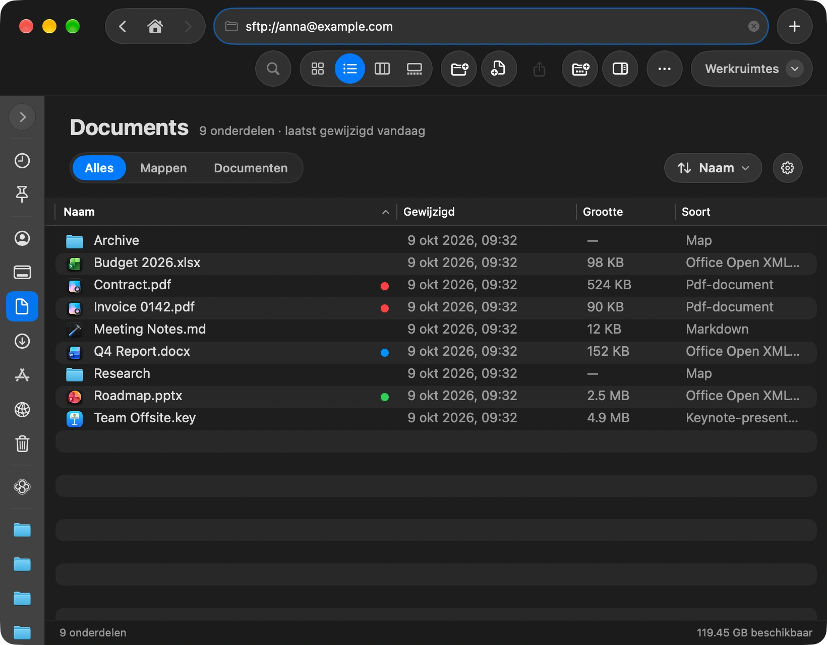Type the address: Press the shortcut to focus the address bar at the top of the window, type the server, like sftp://user@example.com, and press Return. You can also add the server from Settings: choose Servers and click Add Server.