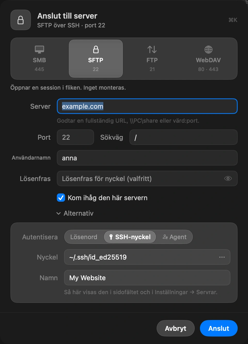 Choose SSH key: In the Connect to Server sheet, open Options and set Authenticate to SSH key. Pick the private key file, the one without .pub. The button at the end of the field opens your .ssh folder. If the key has a passphrase, type it in the Passphrase field.