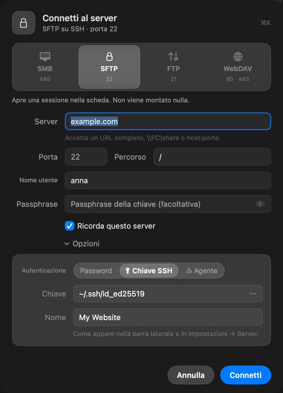 Choose SSH key: In the Connect to Server sheet, open Options and set Authenticate to SSH key. Pick the private key file, the one without .pub. The button at the end of the field opens your .ssh folder. If the key has a passphrase, type it in the Passphrase field.