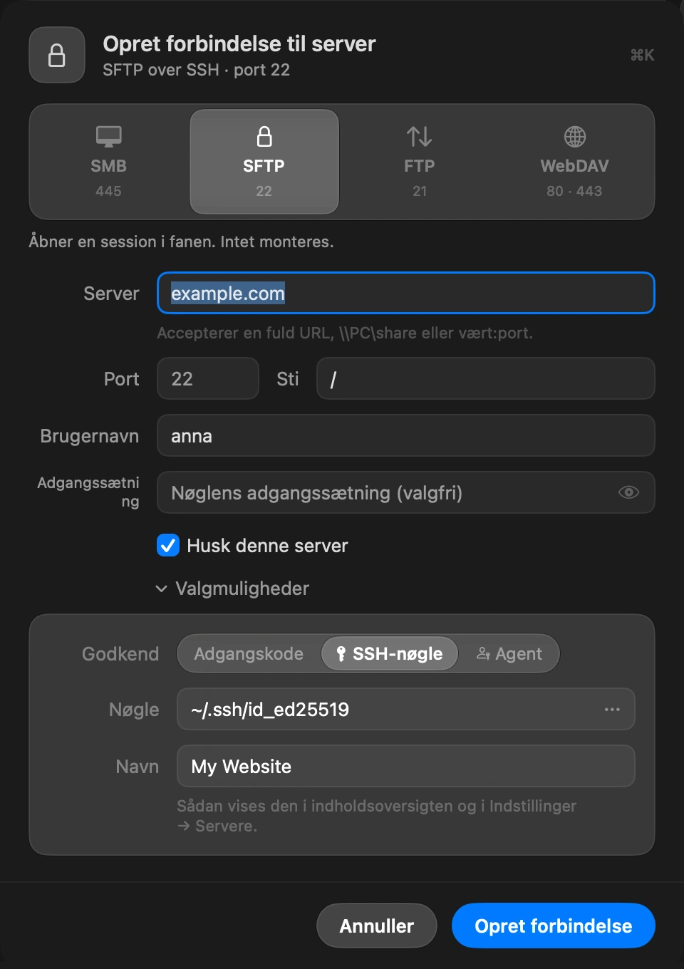 Choose SSH key: In the Connect to Server sheet, open Options and set Authenticate to SSH key. Pick the private key file, the one without .pub. The button at the end of the field opens your .ssh folder. If the key has a passphrase, type it in the Passphrase field.