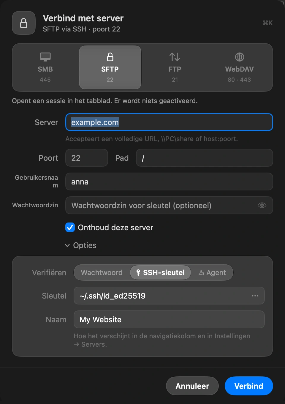 Choose SSH key: In the Connect to Server sheet, open Options and set Authenticate to SSH key. Pick the private key file, the one without .pub. The button at the end of the field opens your .ssh folder. If the key has a passphrase, type it in the Passphrase field.