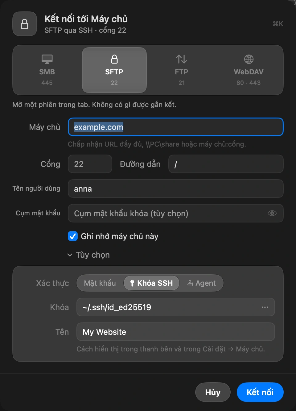Choose SSH key: In the Connect to Server sheet, open Options and set Authenticate to SSH key. Pick the private key file, the one without .pub. The button at the end of the field opens your .ssh folder. If the key has a passphrase, type it in the Passphrase field.