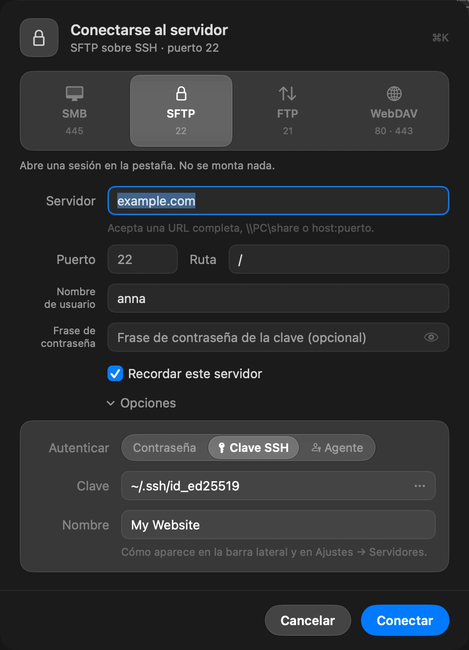 Choose SSH key: In the Connect to Server sheet, open Options and set Authenticate to SSH key. Pick the private key file, the one without .pub. The button at the end of the field opens your .ssh folder. If the key has a passphrase, type it in the Passphrase field.