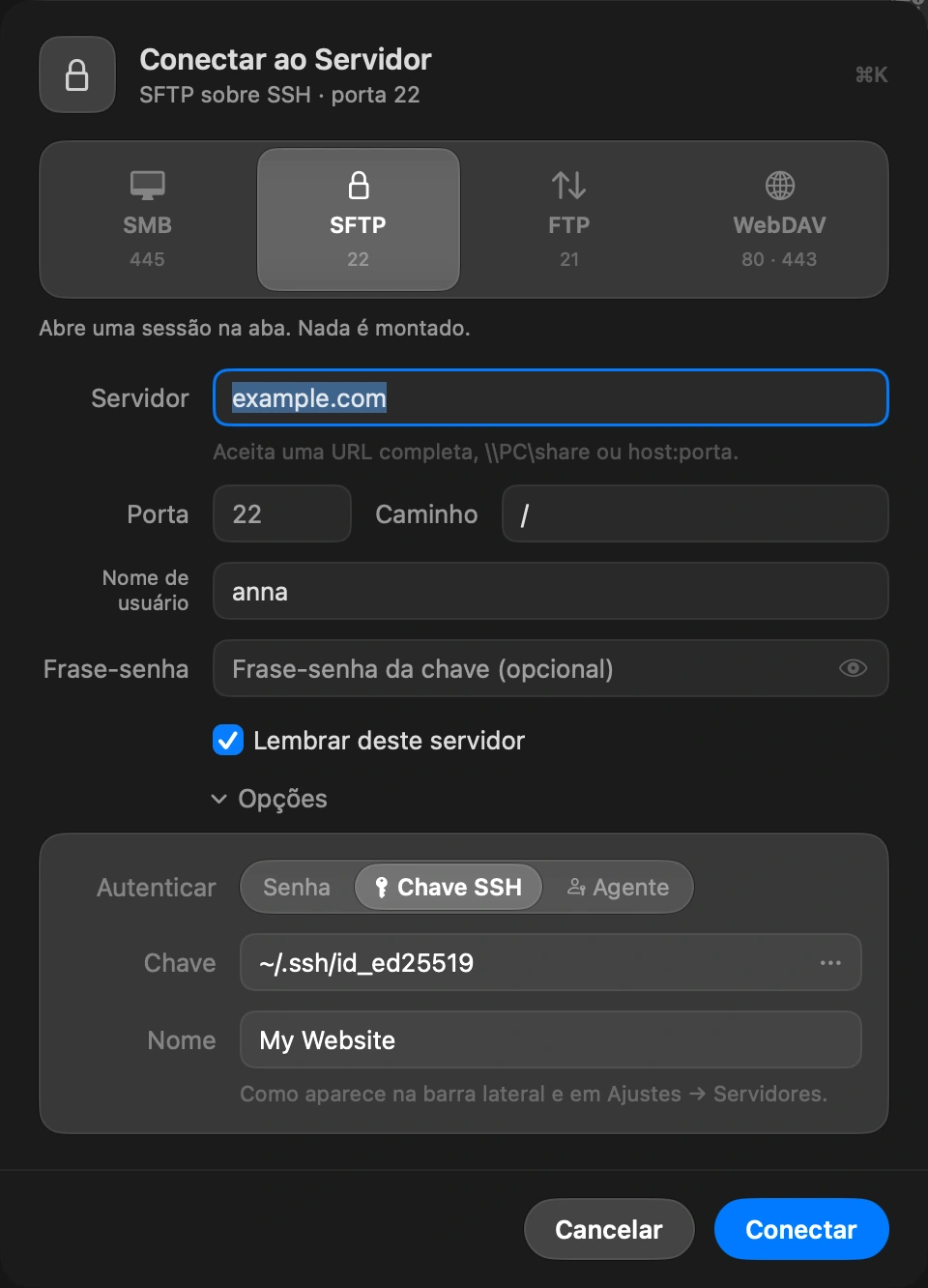 Choose SSH key: In the Connect to Server sheet, open Options and set Authenticate to SSH key. Pick the private key file, the one without .pub. The button at the end of the field opens your .ssh folder. If the key has a passphrase, type it in the Passphrase field.