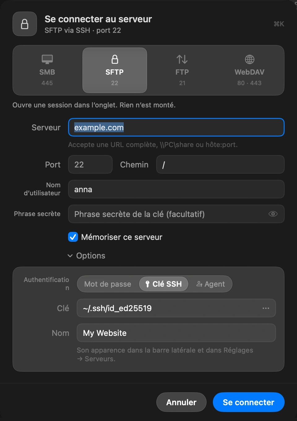 Choose SSH key: In the Connect to Server sheet, open Options and set Authenticate to SSH key. Pick the private key file, the one without .pub. The button at the end of the field opens your .ssh folder. If the key has a passphrase, type it in the Passphrase field.