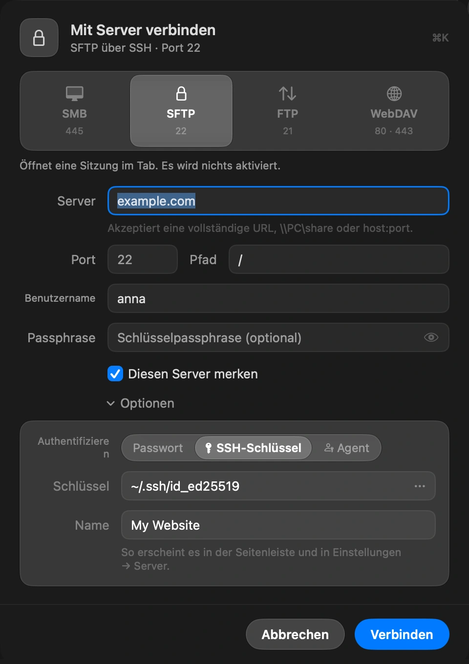 Choose SSH key: In the Connect to Server sheet, open Options and set Authenticate to SSH key. Pick the private key file, the one without .pub. The button at the end of the field opens your .ssh folder. If the key has a passphrase, type it in the Passphrase field.