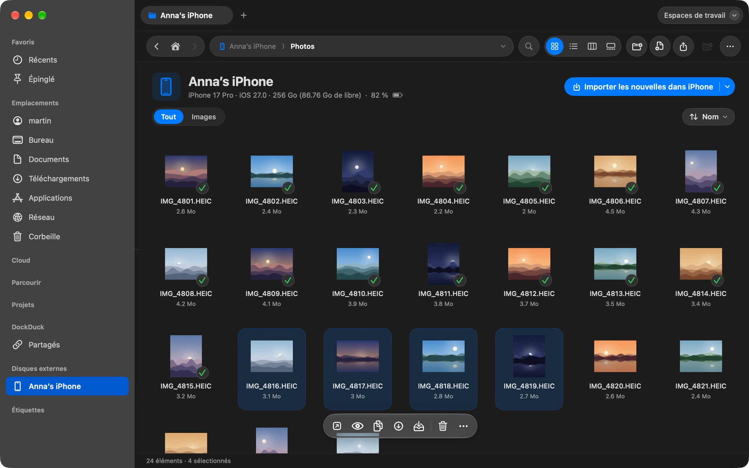 Copiez ce que vous voulez: Glissez les photos dans n’importe quel dossier de votre Mac, ou sélectionnez-les et choisissez Copier dans Téléchargements.