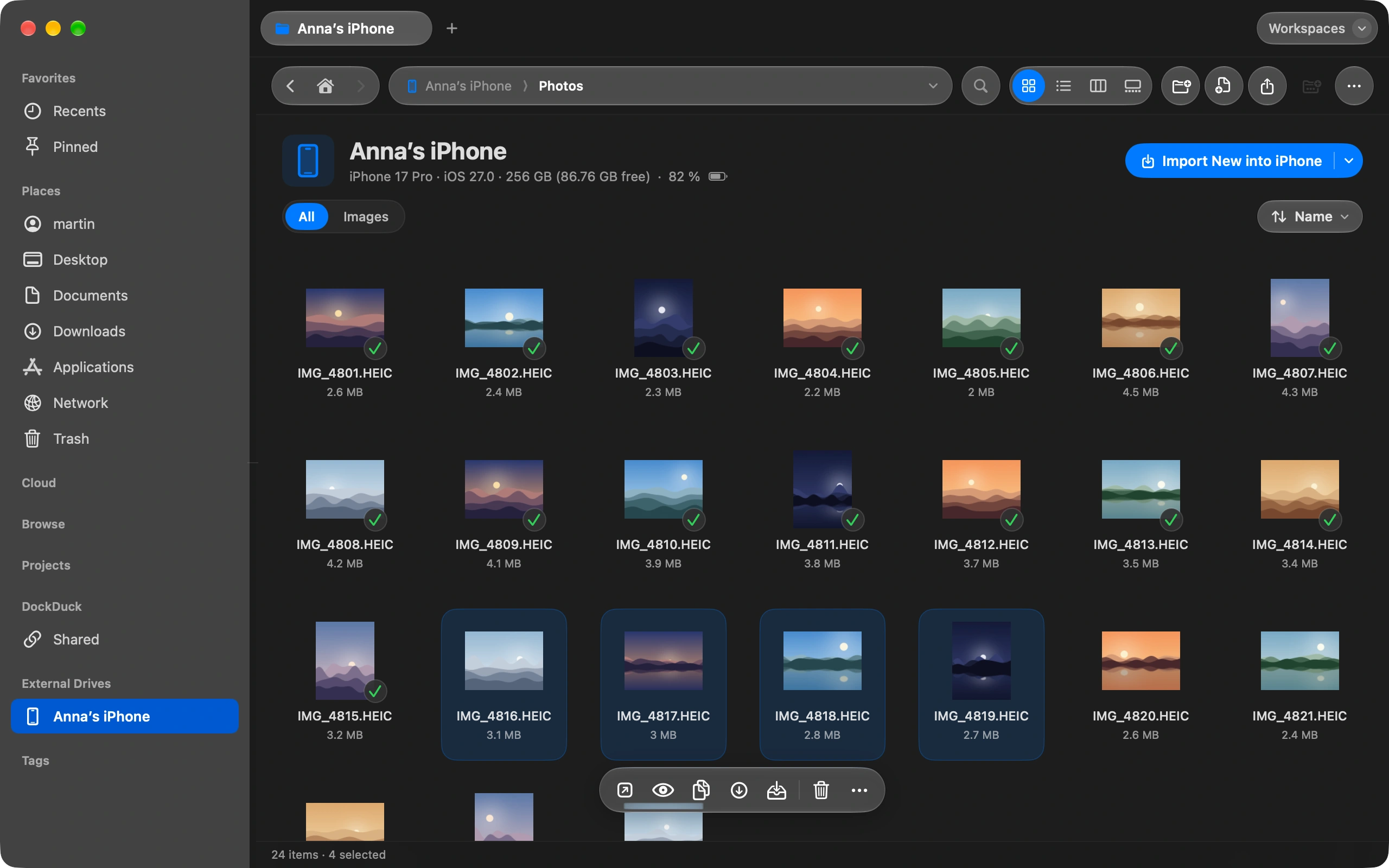 Copy what you want: Drag photos to any folder on your Mac, or select them and choose Copy to Downloads.