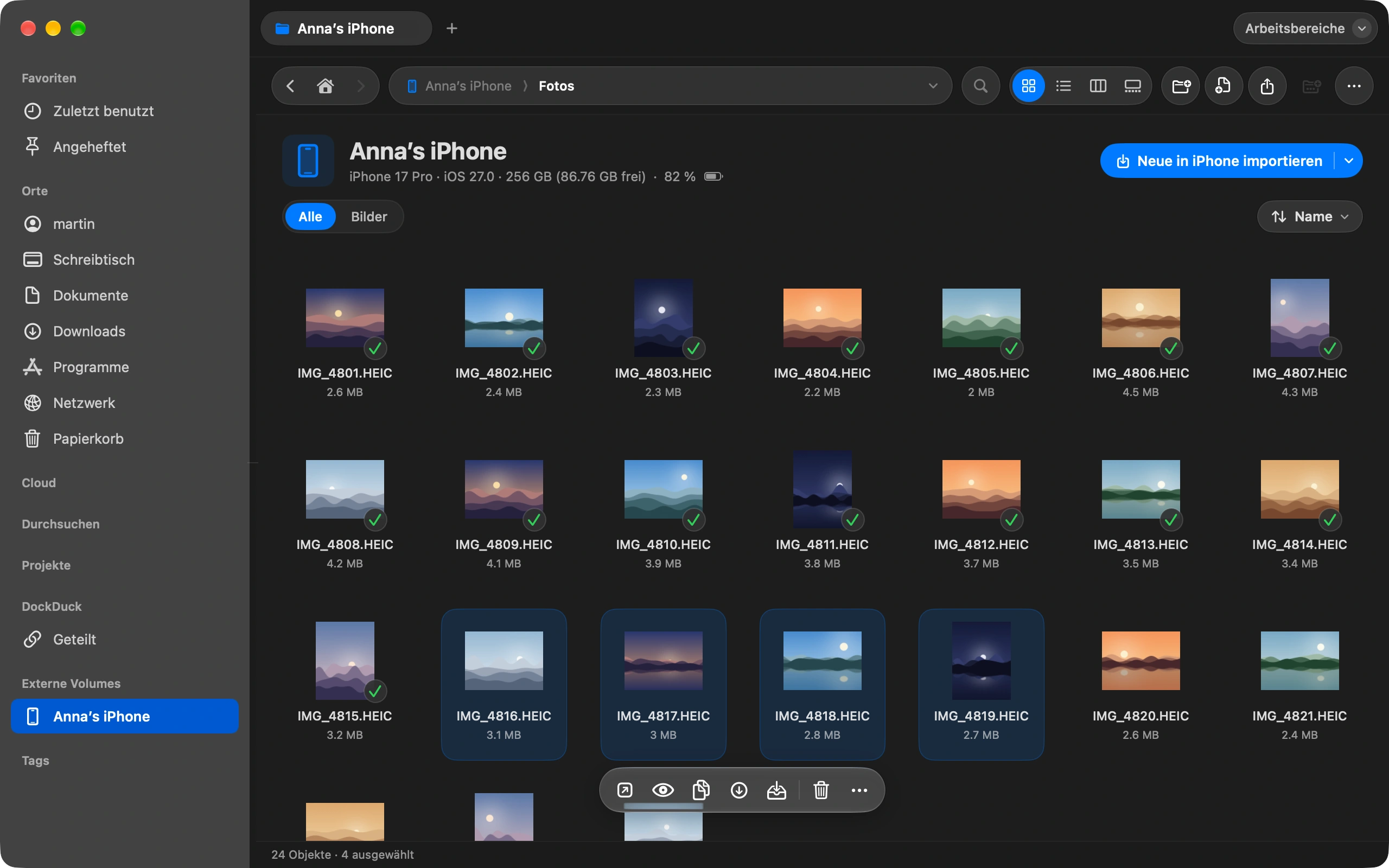Kopieren, was du willst: Zieh Fotos in einen beliebigen Ordner auf deinem Mac, oder wähle sie aus und wähle In Downloads kopieren.