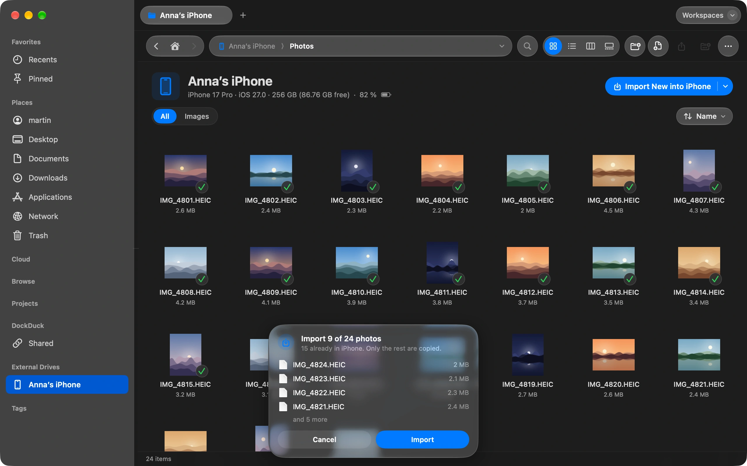 Or import only the new ones: Click Import New and pick a folder. DockDuck compares the device with that folder and copies only the photos it does not have yet. It checks each copy and picks up where it stopped if the cable comes loose.
