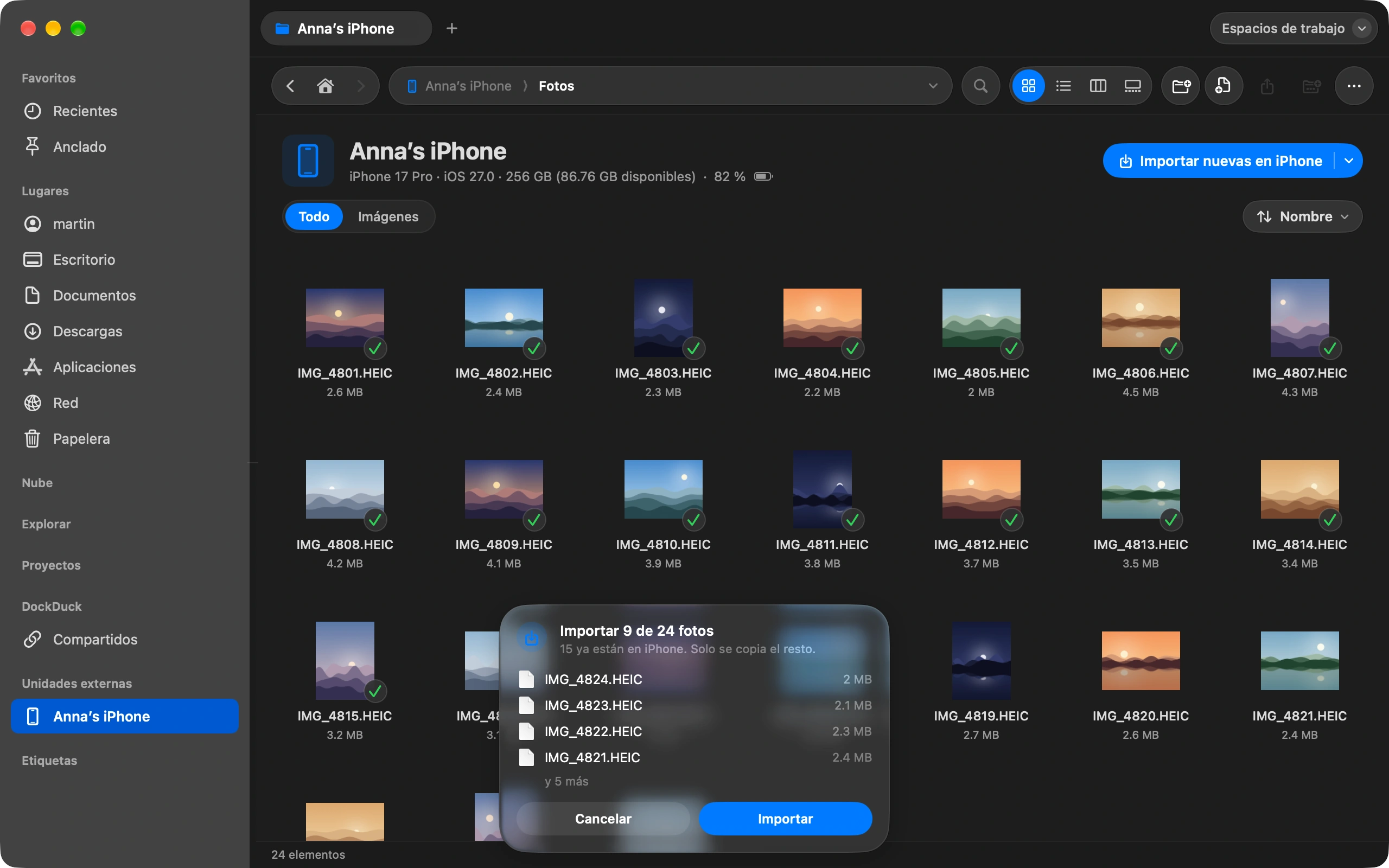 O importa solo las nuevas: Haz clic en Importar nuevas y elige una carpeta. DockDuck compara el dispositivo con esa carpeta y copia solo las fotos que aún no tiene. Verifica cada copia y continúa donde se quedó si el cable se suelta.