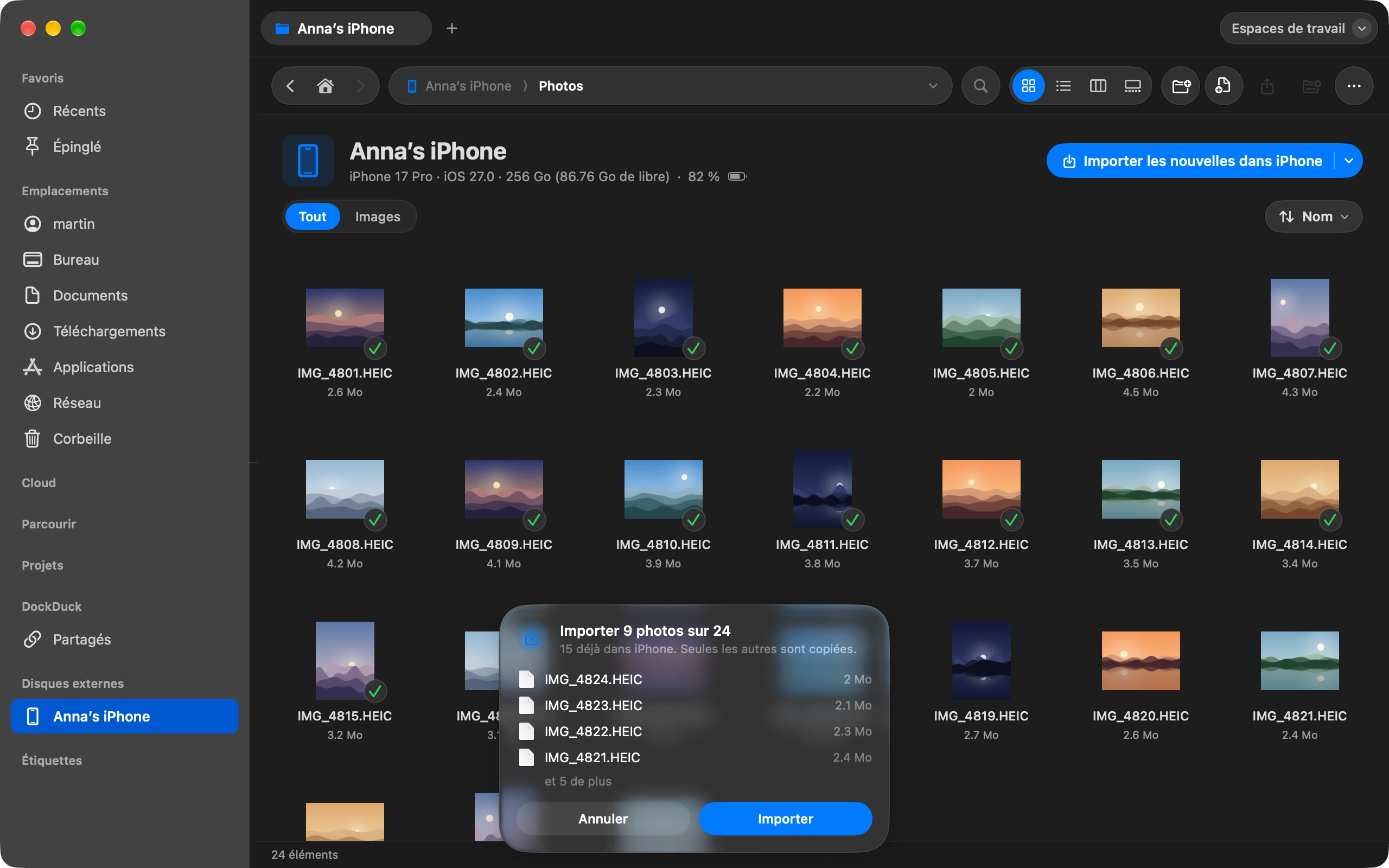 Ou importez seulement les nouvelles: Cliquez sur Importer les nouvelles et choisissez un dossier. DockDuck compare l’appareil avec ce dossier et ne copie que les photos qu’il n’a pas encore. Il vérifie chaque copie et reprend là où il s’est arrêté si le câble se débranche.