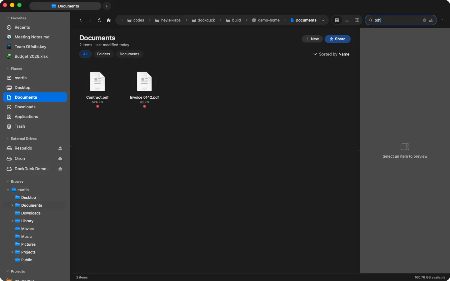 DockDuck filtering a folder as you type, with the search options panel open