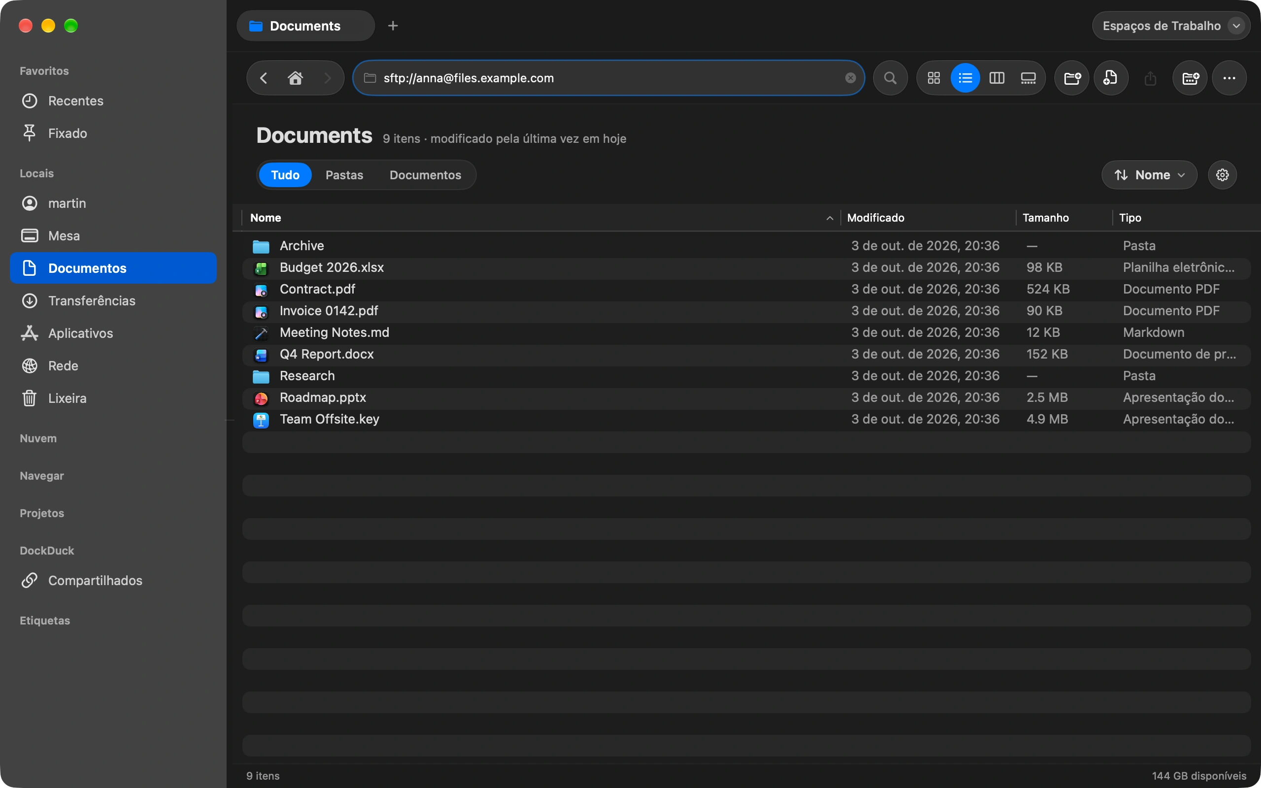 Digite o endereço: Use o atalho para ir à barra de endereço e digite o servidor, como sftp://usuario@exemplo.com. Pressione Return.