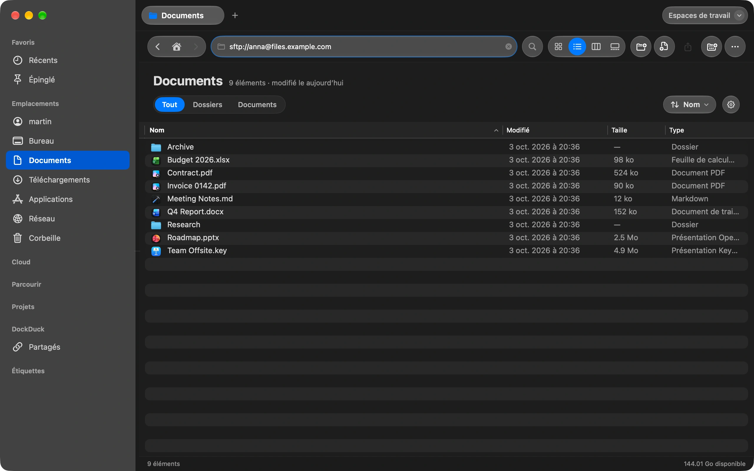 Saisissez l’adresse: Utilisez le raccourci pour aller dans la barre d’adresse et tapez le serveur, par exemple sftp://utilisateur@exemple.com. Appuyez sur Retour.