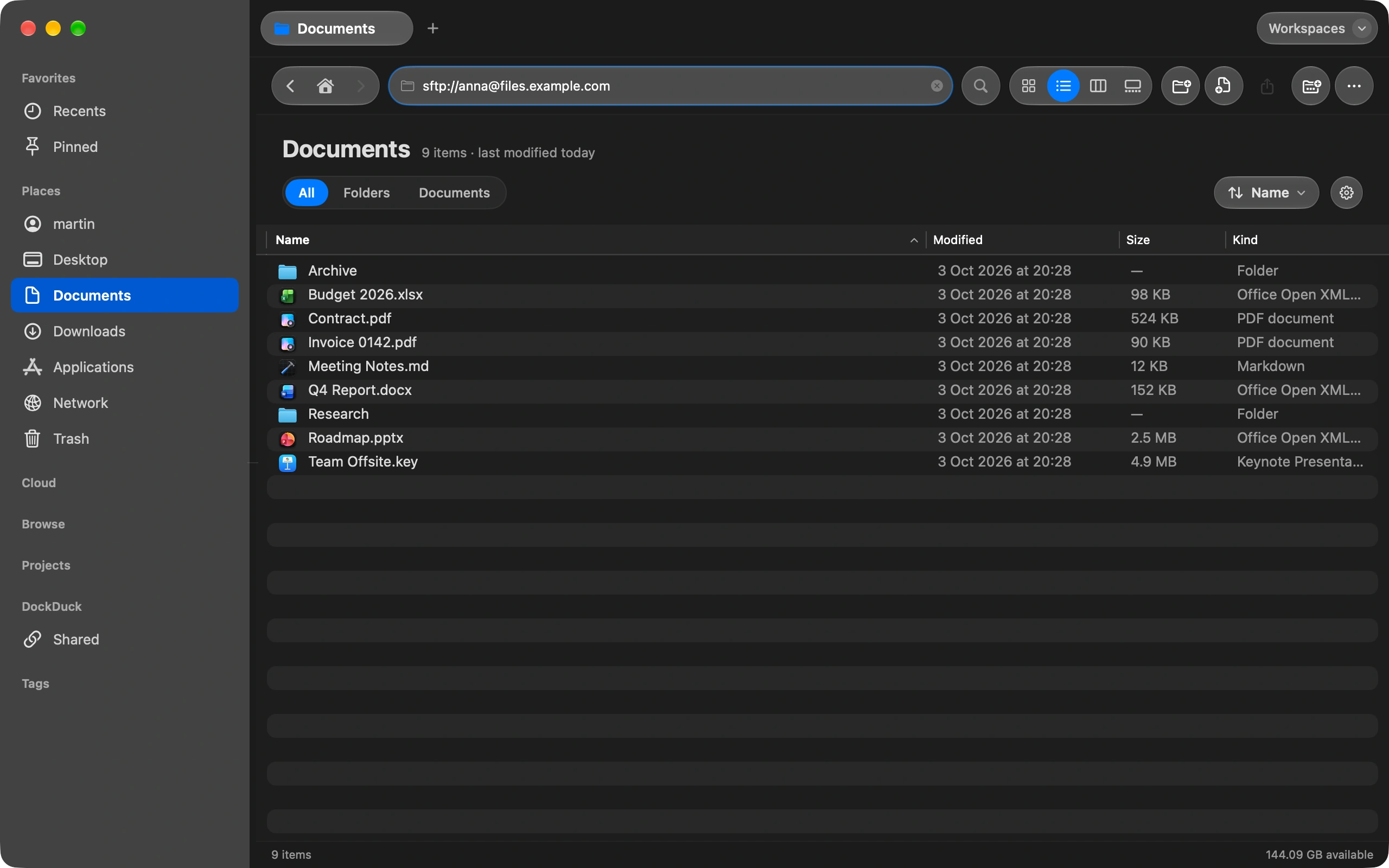 Type the address: Press the shortcut to focus the address bar and type the server, like sftp://user@example.com. Press Return.
