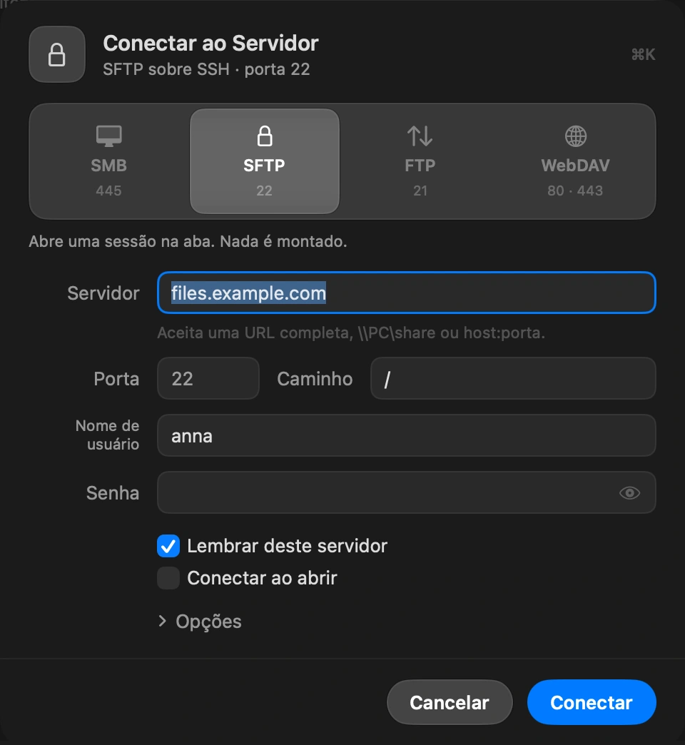Preencha o que falta: A janela Conectar ao servidor abre com host, porta, usuário e caminho já preenchidos. Adicione a senha, ou escolha uma chave SSH para SFTP. Deixe Lembrar este servidor ativado para mantê-lo na barra lateral e a senha nas suas Chaves.