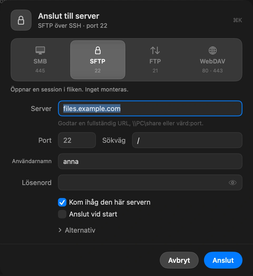 Fyll i det som saknas: Rutan Anslut till server öppnas med värd, port, användare och sökväg redan ifyllda. Lägg till lösenordet, eller välj en SSH-nyckel för SFTP. Låt Kom ihåg den här servern vara på för att behålla den i sidofältet och lösenordet i din nyckelring.