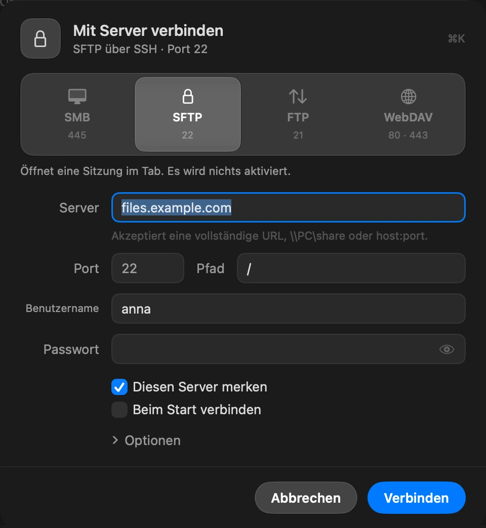 Fehlendes ergänzen: Das Fenster Mit Server verbinden öffnet sich mit Host, Port, Benutzer und Pfad bereits ausgefüllt. Ergänze das Passwort oder wähle für SFTP einen SSH-Schlüssel. Lass Diesen Server merken an, damit er in der Seitenleiste bleibt und das Passwort in deinem Schlüsselbund.