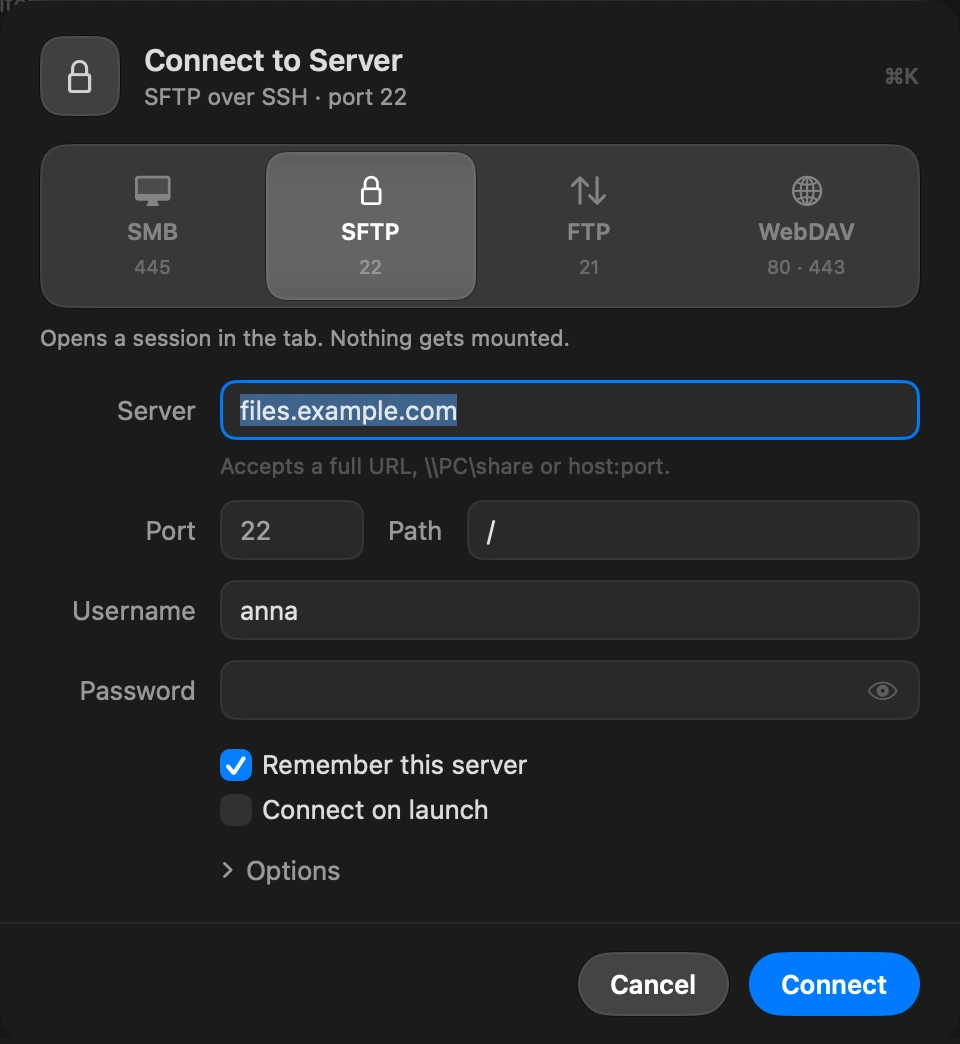 Fill in what is missing: The Connect to Server sheet opens with the host, port, user and path already filled in. Add the password, or pick an SSH key for SFTP. Leave Remember this server on to keep it in the sidebar and the password in your Keychain.