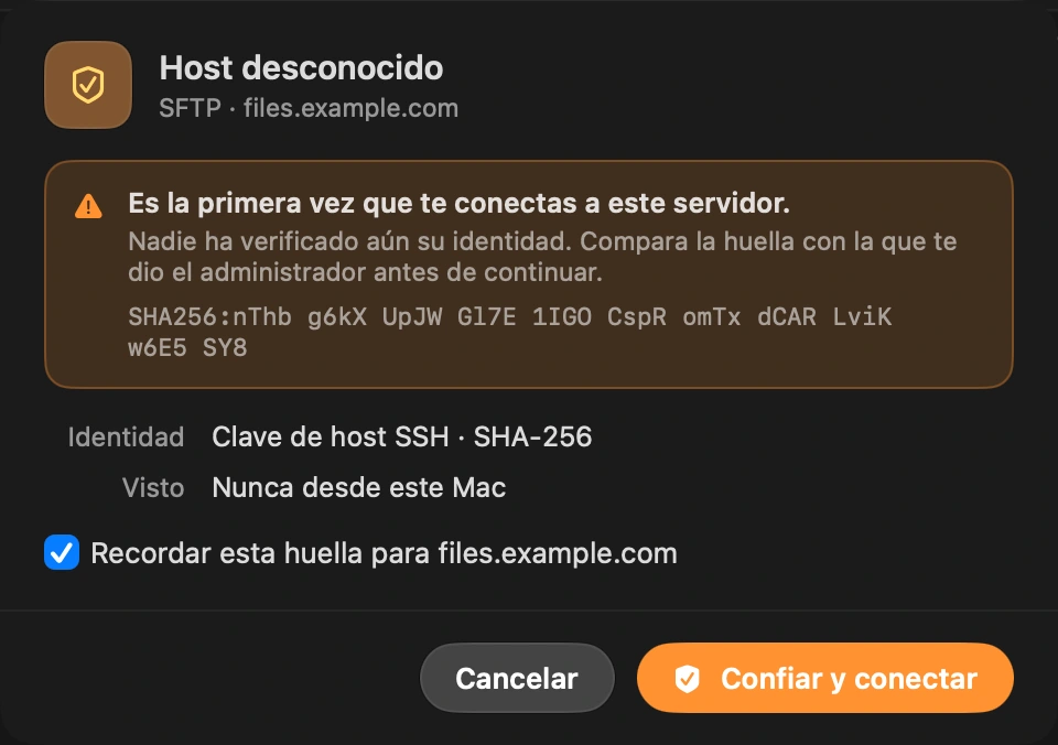 Confía en el servidor una vez: La primera vez, DockDuck muestra la clave de host del servidor y te pide confirmarla, la misma comprobación que hace ssh.