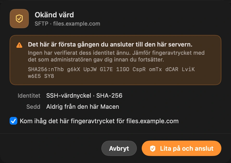 Lita på servern en gång: Första gången visar DockDuck serverns värdnyckel och ber dig bekräfta den, samma kontroll som ssh gör.