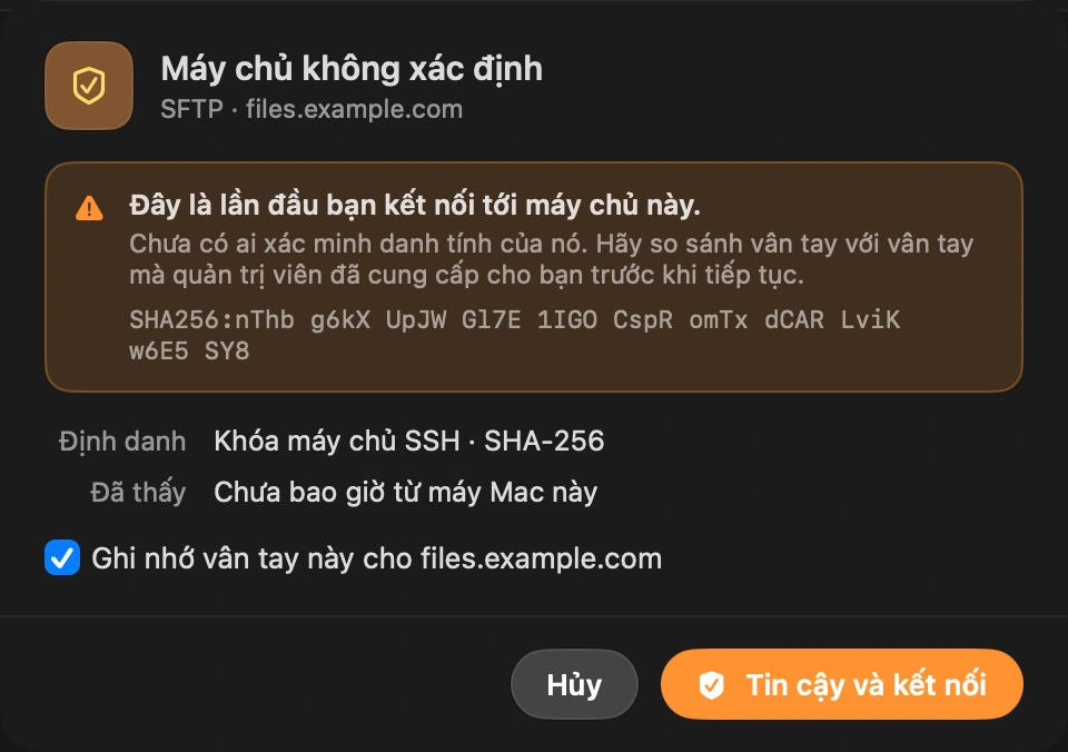 Tin cậy máy chủ một lần: Lần đầu, DockDuck hiển thị khóa máy chủ và yêu cầu bạn xác nhận, đúng như kiểm tra mà ssh thực hiện.