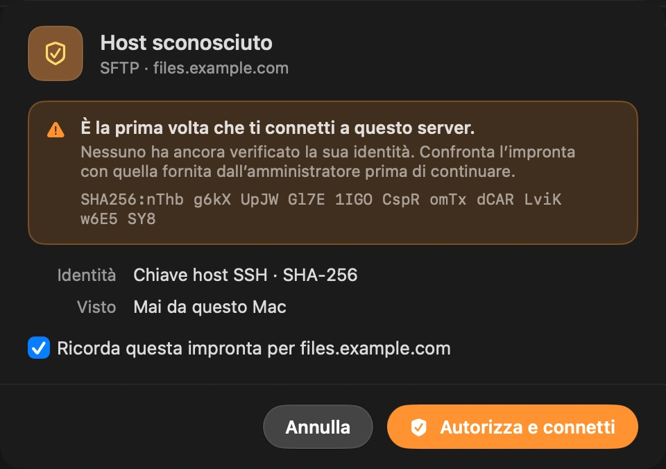 Fidati del server una volta: La prima volta, DockDuck mostra la chiave host del server e ti chiede di confermarla, lo stesso controllo che fa ssh.