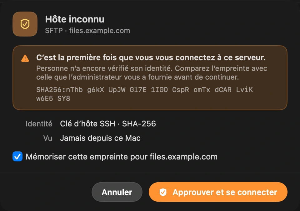Faites confiance au serveur une fois: La première fois, DockDuck affiche la clé d’hôte du serveur et vous demande de la confirmer, la même vérification que fait ssh.