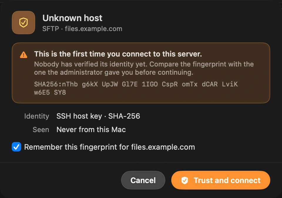 Trust the server once: The first time, DockDuck shows the server’s host key and asks you to confirm it, the same check ssh does.