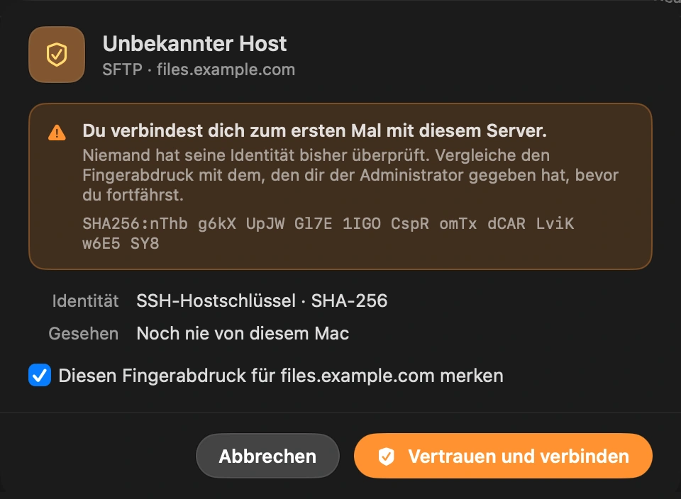 Dem Server einmal vertrauen: Beim ersten Mal zeigt DockDuck den Host-Schlüssel des Servers und bittet dich, ihn zu bestätigen, dieselbe Prüfung, die ssh macht.