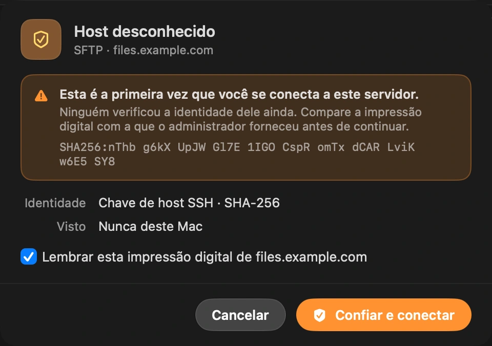 Confie no servidor uma vez: Na primeira vez, o DockDuck mostra a chave de host do servidor e pede que você confirme, a mesma verificação que o ssh faz.