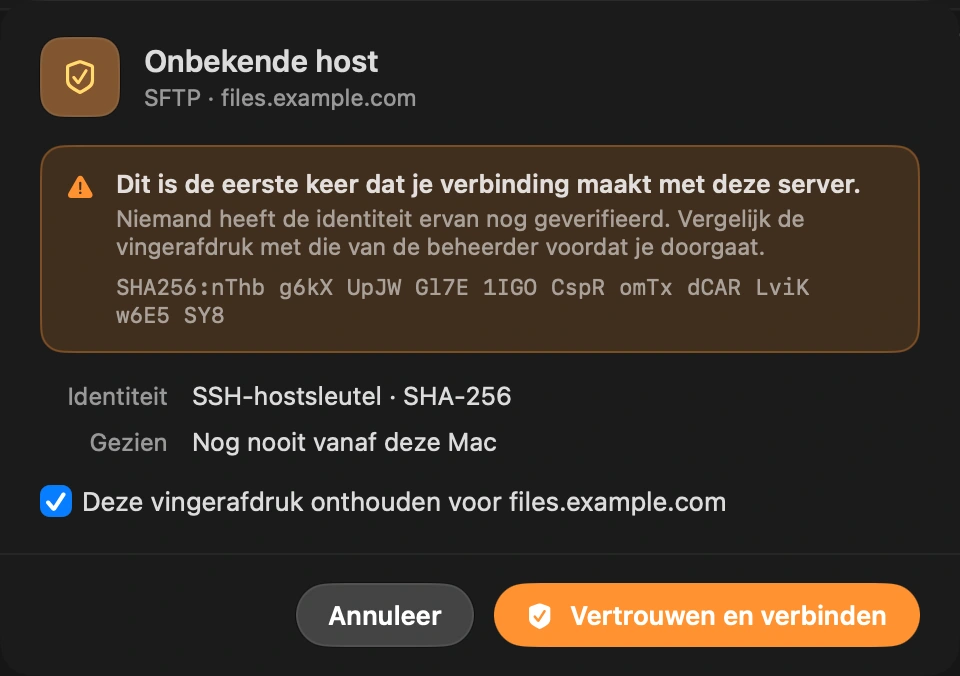 Vertrouw de server één keer: De eerste keer toont DockDuck de hostsleutel van de server en vraagt je die te bevestigen, dezelfde controle die ssh doet.