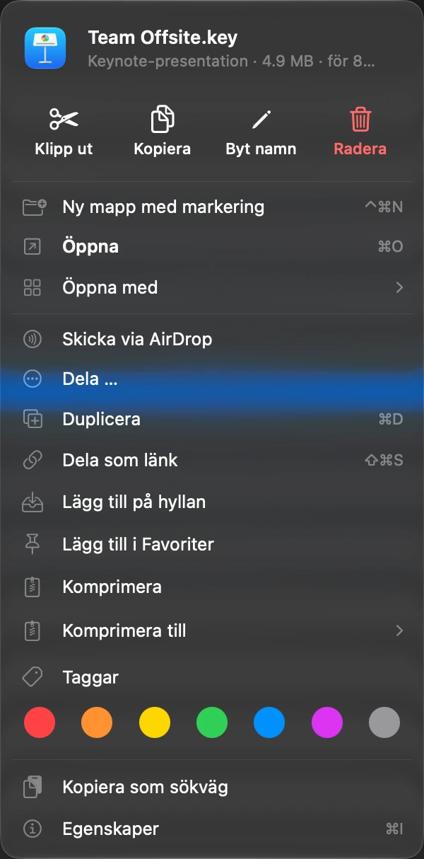 Välj Dela länk: Högerklicka på filen, eller använd kortkommandot.