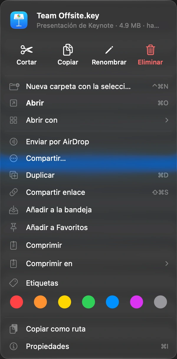 Elige Compartir enlace: Haz clic derecho en el archivo, o usa el atajo.