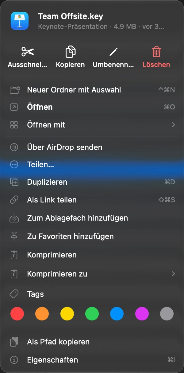 Link teilen wählen: Rechtsklick auf die Datei, oder das Tastenkürzel.
