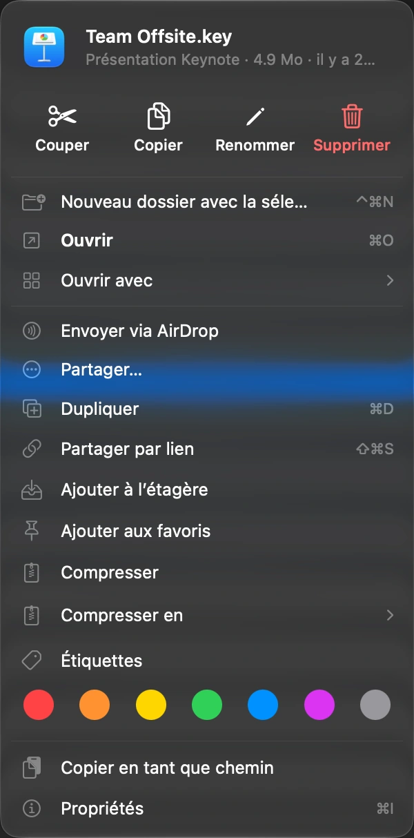 Choisissez Partager un lien: Faites un clic droit sur le fichier, ou utilisez le raccourci.