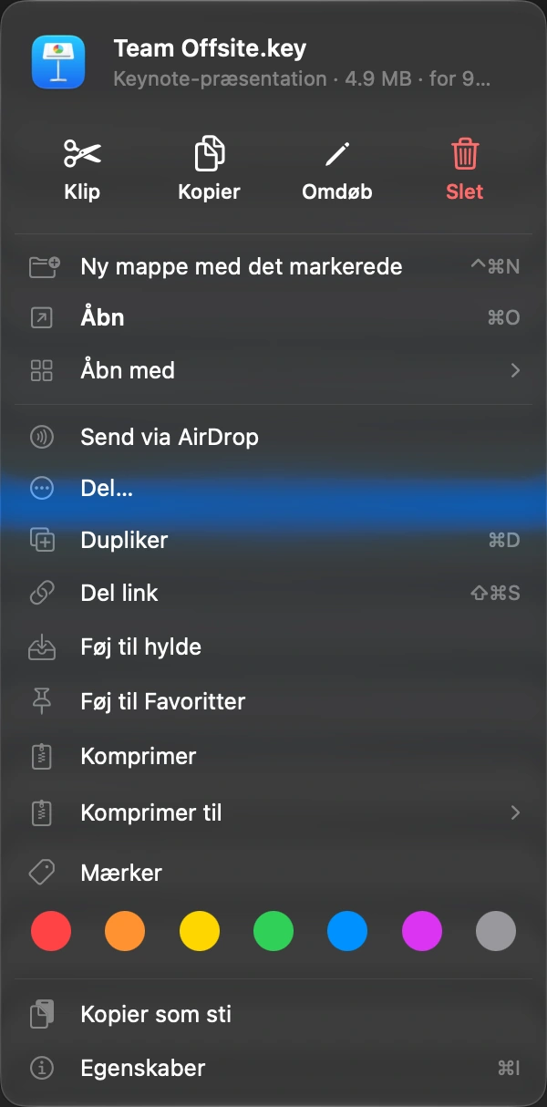 Vælg Del link: Højreklik på filen, eller brug genvejen.