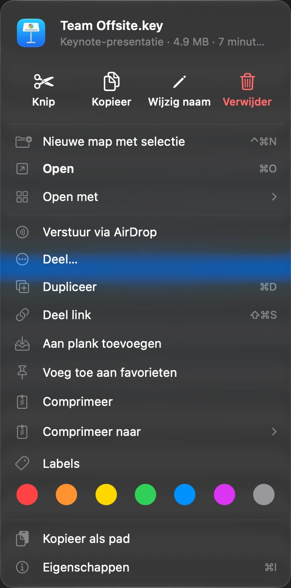 Kies Link delen: Klik met de rechtermuisknop op het bestand, of gebruik de sneltoets.