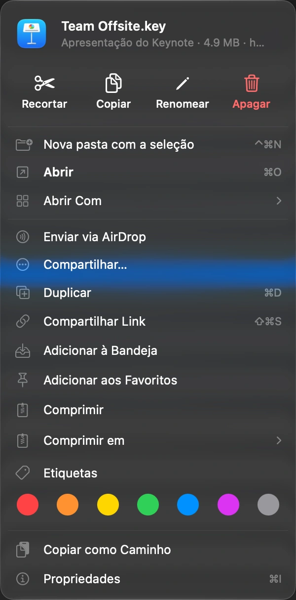 Escolha Compartilhar link: Clique com o botão direito no arquivo, ou use o atalho.