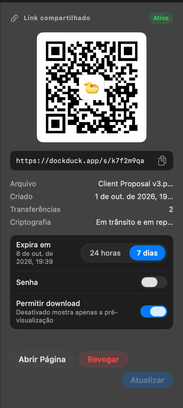 Envie o link: Ele já está na área de transferência. Cole em uma mensagem ou e-mail. O código QR abre a mesma página em um celular.