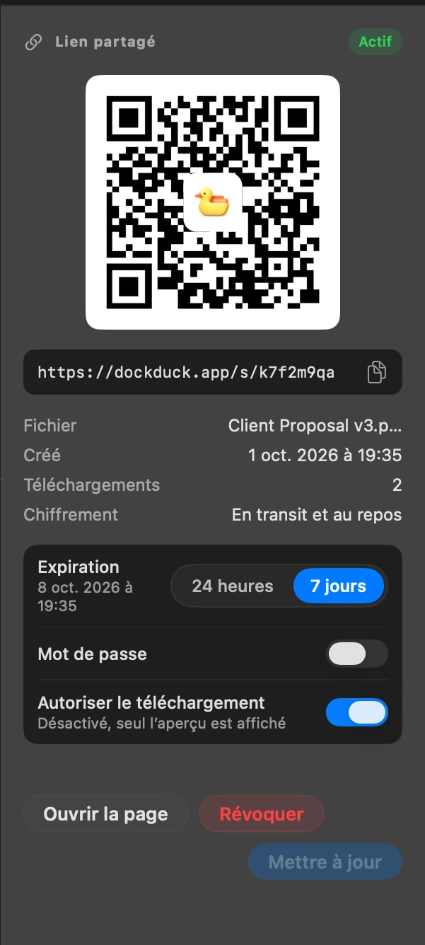Envoyez le lien: Il est déjà dans votre presse-papiers. Collez-le dans un message ou un e-mail. Le code QR ouvre la même page sur un téléphone.