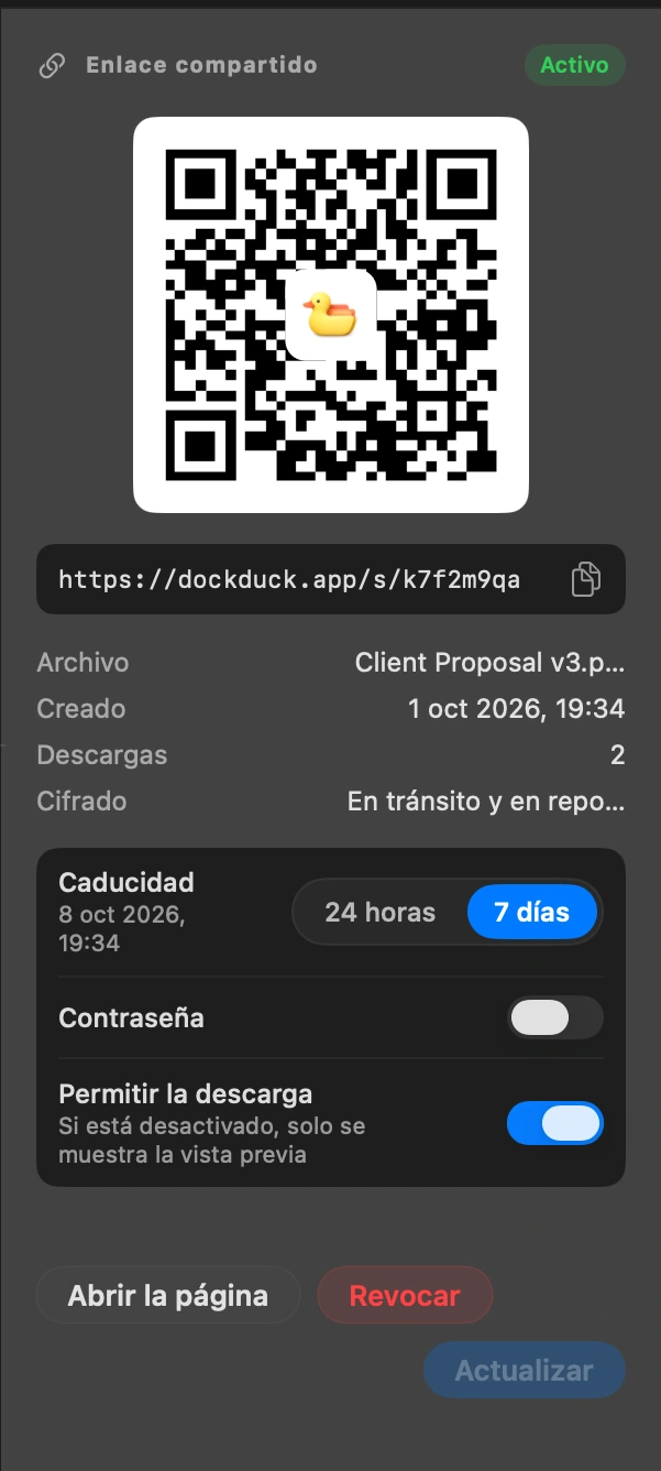 Envía el enlace: Ya está en tu portapapeles. Pégalo en un mensaje o un correo. El código QR abre la misma página en un teléfono.